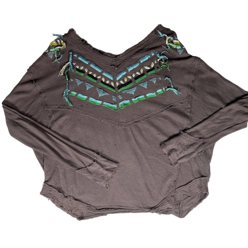 Free People Waffle Knit Pullover Embroidered Boho Destroyed Top OVERSIZED Sz XS